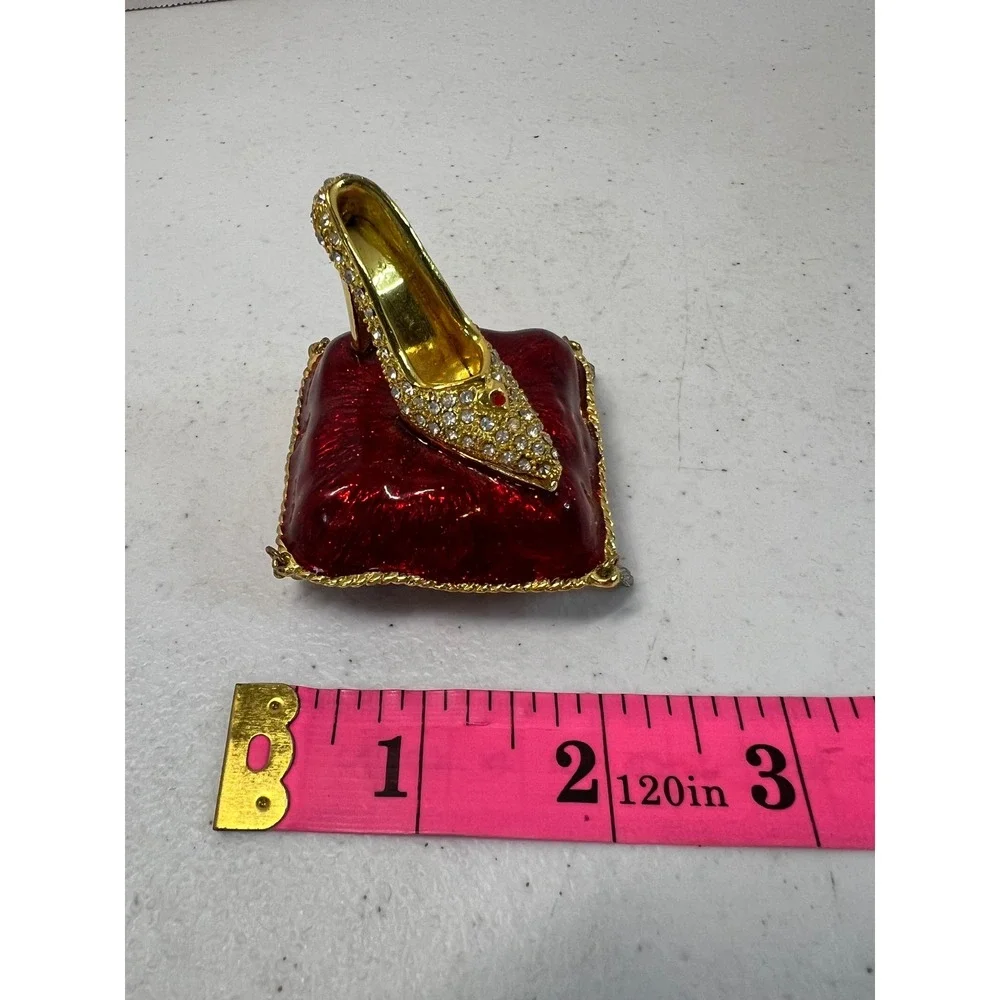 Vintage Enamel High Heel Shoe on Red Pillow Trinket Box Rhinestone Jeweled Gold